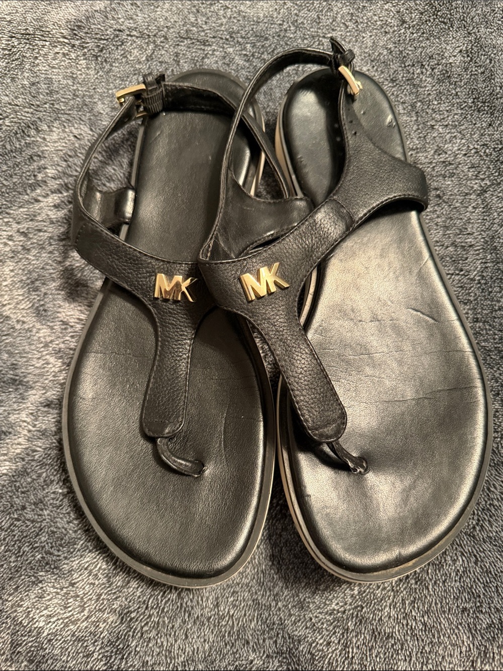 Michael Kors Black Leather Logo T-Strap Sandals